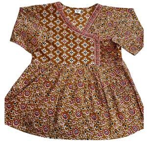 VTG SPY Fashion Brown Bohemian Printed Lace Up 3/4 Sleeve Babydoll Blouse 2XL